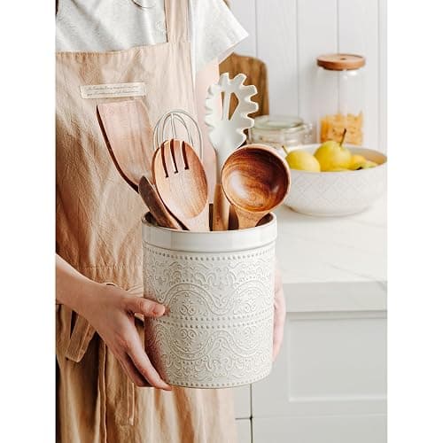 MIKIGEY Kitchen Utensil Holder, 7 Inches Large Ceramic Utensil Holder for Countertop, Lace Emboss Cooking Utensil Crocks for Kitchen, Home Decor, Off-White thumbnail 5