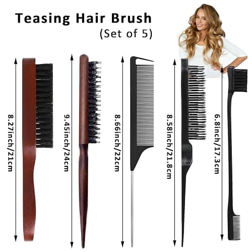 Bristle Hair Brush with Edges Brush, 5 Pack Slick Back Hair Brush Teasing Comb Set Hair Brush for Men Women, Boar Bristle Brush Smoothing Brush Sleek Hair Brush for Slicking Hair Beard thumbnail 5