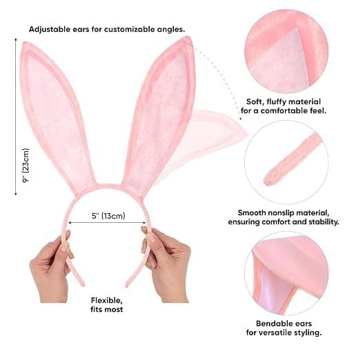 Funcredible Pink Bunny Ears Headband – Velvet Bendable Rabbit Ears – Fluffy Bunny Costume Accessories for Parties and Concerts - Rabbit Costume for Women and Men thumbnail 2