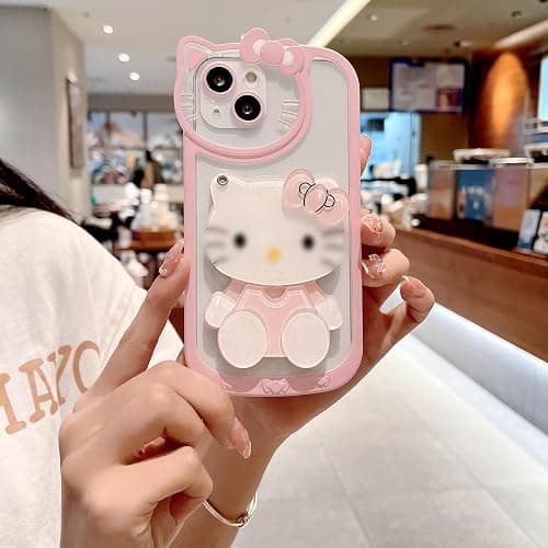 Olntun for iPhone 16 Cute Cartoon Case,Women Girls Kids 3D Bow Kawaii Pink Cat Face Makeup Mirror Soft TPU Clear Protective Phone Cover for iPhone 13 6.1inch thumbnail 3