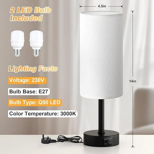 PreeOtti Bedside Lamps Set of 2, Dimmable White Bed Side Lamp with 2 USB Charging Ports, Black Base (Bulbs Included) thumbnail 8