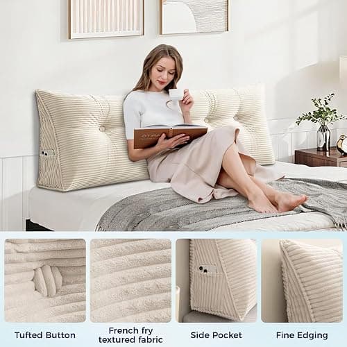 TESICA Twin Wedge Pillow Headboard College Dorm Bed Backrest Triangular Headboard Pillows with Side Pocket Dorm Bed Cushion, Cream White thumbnail 5