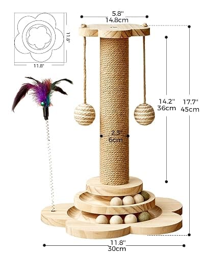 KHALOR Cat Scratching Post for Kittens, 4 in 1 Wooden Cat Scratcher Toy, 17.7" Tall Scratch Post with 2 Level Cat Track Balls, Interactive Feather Toy and 2 Sisal Hanging Balls for Indoor Kittens thumbnail 6