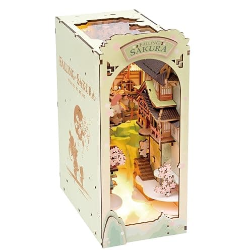 Rowood Book Nook Kits for Adults,3D Wooden Puzzle Bookend,Bookshelf Decor Insert Alley,DIY Miniature Booknook Model Craft Kits for Adults,Gifts with LED on Birthday Christmas(Falling Sakura) - Image 1