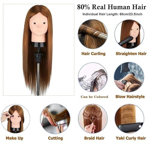 Beauty Star Mannequin Head with 80% Real Human Hair, Manikin Doll Head for Hair Styling, Cosmetology Makeup Hairdressing Training Practice Head with Clamp Stand and DIY Hair Styling Braiding Set thumbnail 2
