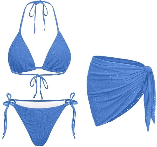 Women's 3 Piece Swimsuit Triangle Halter Bikini Set Side Tie with Cover Up | Eyelet Embroidery, Removable Pads, Mid-Waist Fit, Moderate Coverage, Double-Lined, Soft Stretch Jacquard, Vacation Ready - Image 1