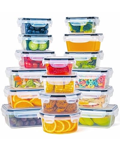 FOOYOO 32 Piece Food Storage Container with Lids (16 Containers + 16 Lids) - Plastic Food Containers with Lid, Airtight Leak Proof Snap Lock, BPA Free Storage Containers - Transparent - 32 Pcs