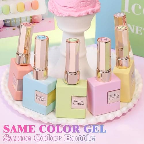 Double Rhythm 6 Pcs 15 ML Gel Polish Set Same Color Same Bottle Soak Off Gel Polish Kit Nail Art Manicure Salon DIY at Home for Women (Blue Green Beige Yellow Pink Orange-T6-9) - Ice Cream thumbnail 4