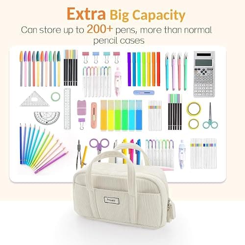 Sooez Large Pencil Case Pouch, Extra Big Pencil Bag with 5 Compartments, Pen Bag Wide Opening, Soft Corduroy Pencil Pouch Organizer with Zipper, Cute Aesthetic School Supplies for Teen Girls-Beige thumbnail 4