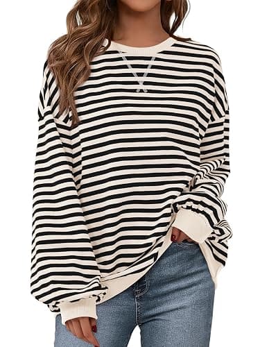 PRETTYGARDEN Womens Striped Oversized Sweatshirt Lightweight Fall Clothes | Stitching Crew Neck Sweatshirts Women, Long Sleeve Casual Loose Pullover Top, Color Block Y2K Outfits, Fashion Clothing - Image 1