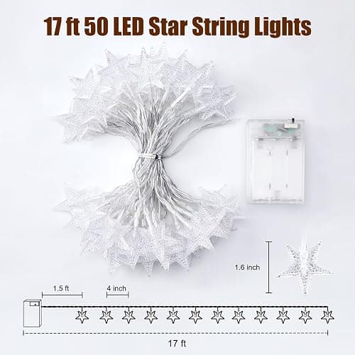 Minetom Star String Lights Battery Operated - 17 ft 50 LED Star Fairy String Lights with Timer, Waterproof for Indoor Bedroom Tent Loft Bed Patio Party Wedding Decor, Warm White thumbnail 7