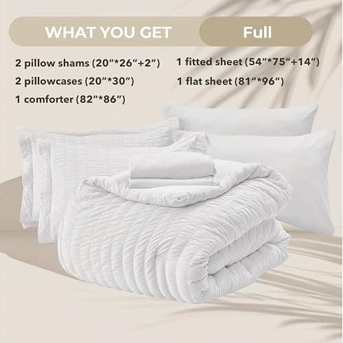 HYMOKEGE White Full Size Comforter Sets Seersucker 7 Pieces, All Season Luxury Bed in a Bag for Bedroom, Bedding Set with Comforters, Sheets, Pillowcases & Shams thumbnail 6