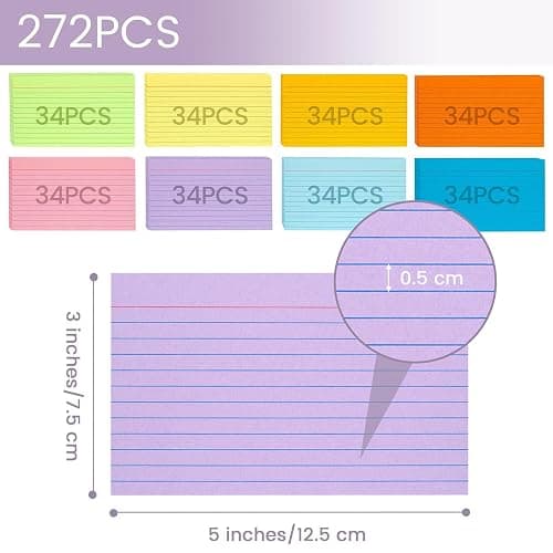 Koogel 3x5 Index Cards Ruled Line, 272 Count Colored Flash Card, Lined Notecards Ruled on Both Sides, 8 Assorted Colors, Heavyweight Note Flashcards for Studying School College Office Supplies - Multicolored thumbnail 3