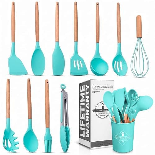 12 Pcs Cooking Kitchen Accessories Set with Holder, Silicone Heads (Teal) | Teal Kitchen Utensils Set for Cooking and Baking; Wooden Handles; Heat-Resistant up to 446°F; Non-Scratch for Nonstick Pans - Image 1