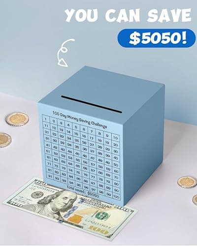 Money Saving Box, Unbreakable Piggy Bank for Adults Save $5,050 Metal Savings Box, 100 Day Money Saving Challenge Stainless Steel Box Must Break to Open 4.72 Inch (Blue) thumbnail 5