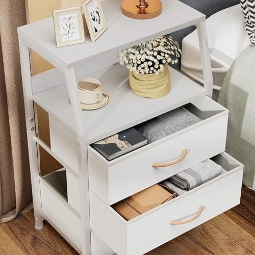 Furnulem White Nightstand with 3 Drawers and 2-Tier Shelf, Small Night Stand End Table Side Furniture, Fabric Storage Organizer for Bedroom, Closet, Hallway, Nursery, Sturdy Steel Frame, Wood Top - White - 3 Drawers thumbnail 4