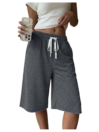 SHENHE Women's Wide Leg Sweat Shorts Drawstring Casual Lounge Sports Knee Length Bermuda Shorts - Image 1