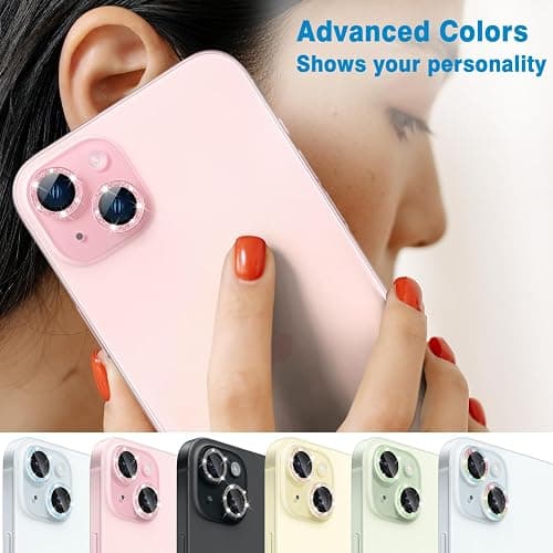 Hsefo Compatible with iPhone 15 & 15 Plus Camera Lens Protector, Bling Glitter 9H Tempered Glass Camera Cover Anti Scratch Shockproof Screen Protector Individual Metal Lens Ring - 2PCS Glitter Pink thumbnail 7