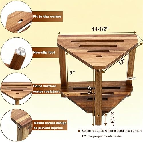 IBosins Corner Shower Stool 14in Small Bench Storage Shelf Natural Finish | Acacia Wood Shower Chair for Inside Shower Foot Rest for Shaving Legs Wooden Seat for Bathroom Living Room Bedroom thumbnail 2