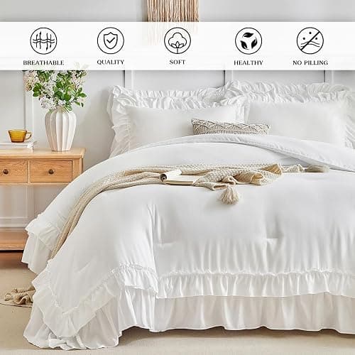White Ruffle Comforter Set King Size, 3 Pieces Vintage Farmhouse Shabby Chic Comforters, Solid Color Lightweight Soft Fluffy Bedding Sets for All Season (1 Ruffled Comforter + 2 Pillow Shams) thumbnail 3