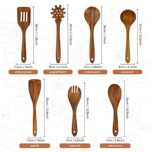 comfoyar Teck Ustensiles de Cuisine Bois, Set de 7 Cuillère en Bois pour la Cuisson avec Spatula et Ladle, Résistance à la chaleur Convient pour Poêles Antiadhésives thumbnail 3