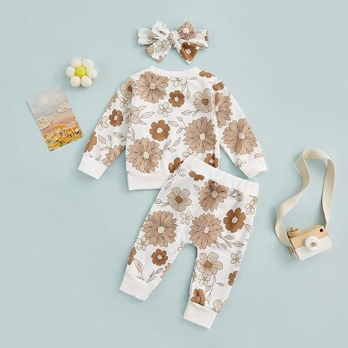 3Pcs Baby Girl Outfits Daisy Sweatshirt + Pants + Headband Infant Fall Winter Clothes thumbnail 7