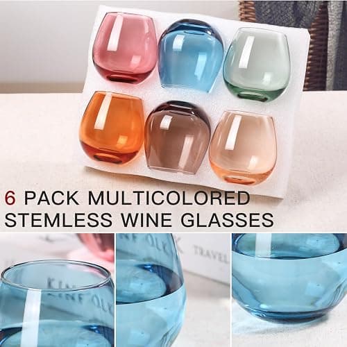 Colored Stemless Wine Glasses Set of 6-15 oz -【Hand-Blown】 Colored Drinking Glasses, European Design Crystal Glass For Red & White Wine, Unique Gifts for Wedding, Birthday(Multicolor) thumbnail 5