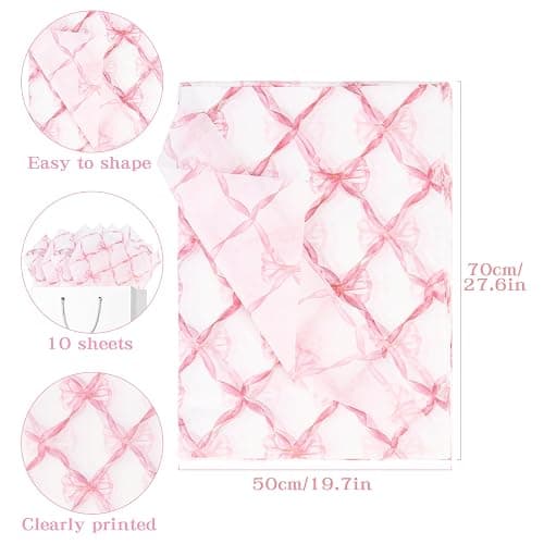 10 Sheets 50× 70 cm Pink Bow Tissue Paper, Gift Wrapping Paper with Bow Print for Baby Showers, Birthdays, Weddings & Crafts thumbnail 2
