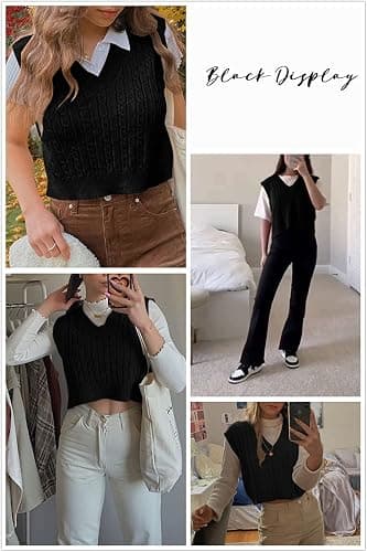 Lailezou Women's V-Neck Knit Sweater Vest Solid Color Argyle Plaid Preppy Style Sleeveless Crop Knit Vest thumbnail 2