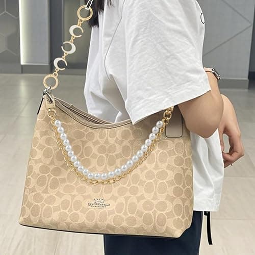 2 Stück Taschenkette Gold mit Perlen und Mond Anhänger, Doppel für Handtasche Geldbörse, Schulterriemen Kette Ersatz Taschengurt Kettenverlängerung, Elegante Perlenkette Tasche Extender Kette thumbnail 3