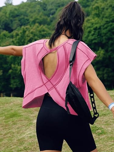 SENSERISE Womens Open Back Workout Tops Backless Short Sleeve Athletic Shirt Running Crop Top Gym Yoga Tee - Small - Hot Pink thumbnail 4