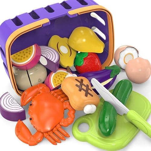 Cutting Play Food Toy with Grocery Basket, Pretend Play Kitchen Accessories | Toddler Educational Kitchen, Plastic Fake Food, Vegetables & Fruits for Kids Age 3-5, Birthday Gift for Boys Girls thumbnail 3