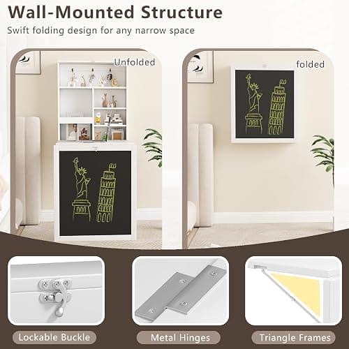 Tangkula Foldable Wall-Mounted Desk, Floating Desk with Chalkboard, Storage Shelves & Hooks, Space-Saving Murphy Table for Home Office, Bedroom, Dorm Room, Small Spaces thumbnail 7