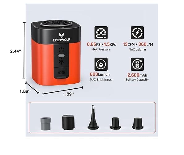 ETENWOLF AIR 3 Air Pump for Inflatables with 2600mAh Battery& Camping Light | Ultra-Fast and Mini Electric Air Pump, Inflate Deflate for Air Mattress, Pool Floats, Vacuum Storage Bags thumbnail 8