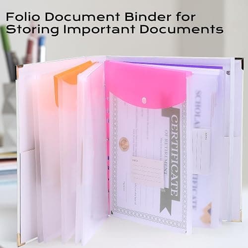 XKDOUS Important Document Organizer 3 Ring Linen Binders Folio File Folders | Beige Expanding Storage Holder with Gold-foiled Hardcover, 9 Pockets & Labels for A4, Letter Size Papers, Home & Office thumbnail 7