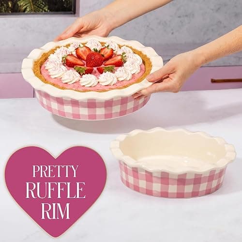 Paris Hilton Ceramic Pie Dish Set, 7-Inch and 9-Inch Stoneware Baking Dishes with Fluted Rim and Gingham Design, Oven Safe up to 450°F, 2-Piece, Pink thumbnail 2