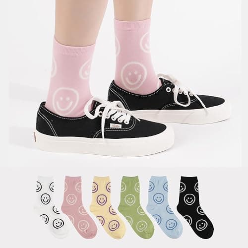 Kikiya Women's Cotton Crew Socks - Cute Smiley Face Funny Bow Fruit Graphic Crazy Animal - Ladies Girls Casual Socks Size 6-8 thumbnail 3