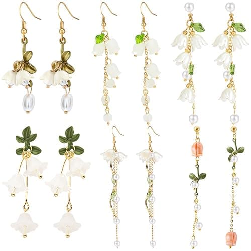 NEWITIN 6 Pairs Flower Earrings for Women Hypoallergenic Earring Pearl Leaf Floral Tassel Earring Statement Long Flower Dangle Earrings for Women - Image 1