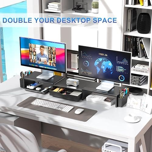 gianotter Dual Monitor Stand Riser, Desk Organizer With Drawer and 2 Pen Holders, Computer Monitor Stand, Shelf for Top of Desk, Black thumbnail 4