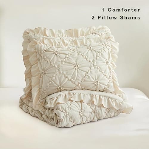 BEDAZZLED King Size Comforter Sets, Beige Bedding Comforter Set, 3 Pieces Pinch Pleat Bedding Sets with Comforter and Pillowcases Soft Farmhouse Shabby Chic Comforter for All Season thumbnail 5