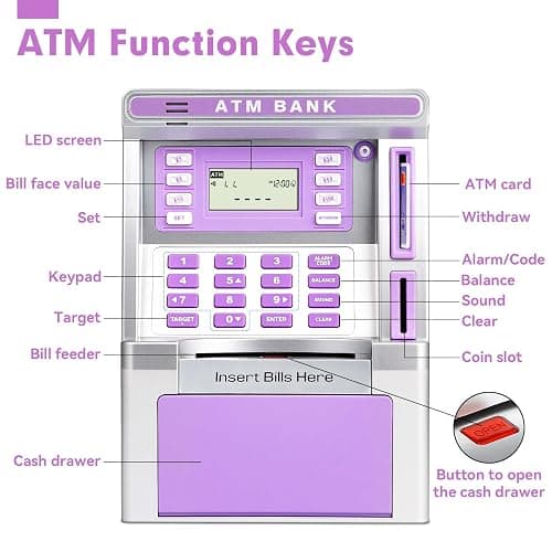 Purple Piggy Bank for Kids, ATM Machine Bank for Real Money with Debit Card, Bill Feeder, Coin Recognition, Balance Calculator, Electronic Savings Safe Box, Gifts for Teen Boy Girl thumbnail 7
