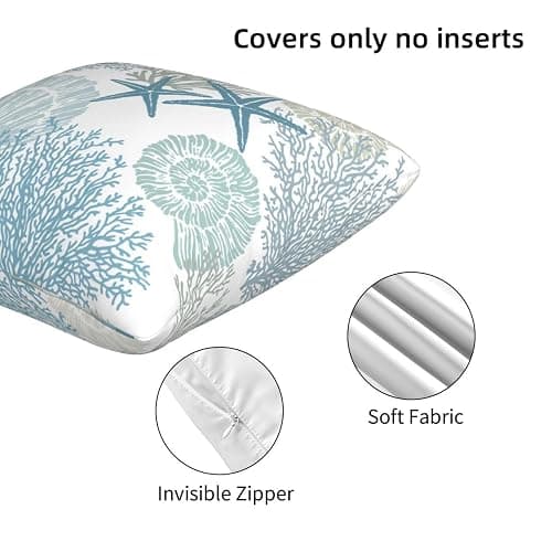 Tebjh Nautical Coastal Beach Pillow Covers 18x18 Set of 2, Ocean Themed Seashell Coral Starfish Throw Pillow Covers Outdoor Decorative Pillow Case for Couch Bed Sofa Cushion Home Decor thumbnail 5