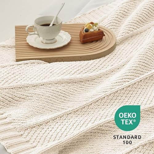 Amélie Home Chevron Chenille Knit Throw Blanket for Couch, Cozy Texture Decorative Soft Blanket for Sofa & Chair, 50"x60", Ivory thumbnail 9