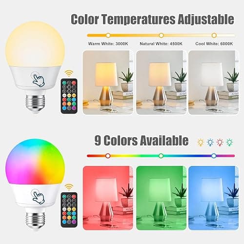 Brightown E26 Rechargeable Light Bulb with Remote and Timer, Battery Backup Bulb for Sconces and Lamps, Magnetic Bulbs for Non-Hardwired Fixture, 3 Color Temperatures + 9 RGB Colors, Dimmable, 2 Pack thumbnail 3