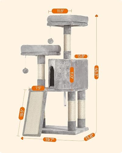 Feandrea Cat Tree, 45.3-Inch Cat Tower, Plush Condo with Scratching Post, Ramp, Perch, Spacious Cave, for Small Space, Light Gray UPCT141W01 thumbnail 5