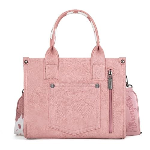 Wrangler Cow Print Tote Bag for Women Western Purse Boho Top Handle Satchel Handbag with Signature Strap - Allover Cow Print Light Pink thumbnail 6