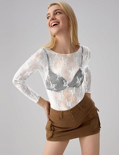 KTILG Womens Lace Long Sleeve Boat Neck Tops Sheer Blouse Sexy See Through Shirt Mesh Top S-XXL thumbnail 3