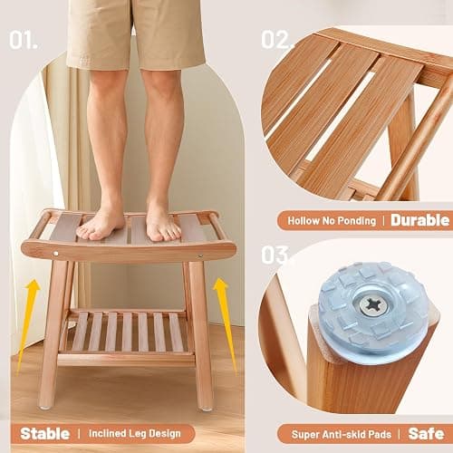 Bamboo Shower Stool Bench,Shower Chair for Inside Shower with Storage Shelf | Natural Bamboo,Large Storage,Ergonomic Curved Design,A-Shaped Stable Construction,Non-Slip Rubber Feet,Hold 300lbs thumbnail 4