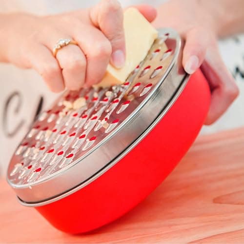 FUNCYboo Cheese Grater with Storage Container, Bowl Grater 2 in 1 Food Grater Cheese Grater Bowl with Lid for Cheese Chocolate Cucumber Vegetable(Red) thumbnail 2