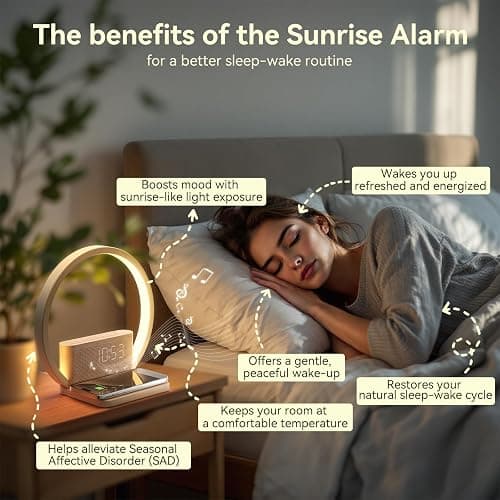 Vivilumens Sunrise Alarm Clock Wireless Charger, 10 White Noise Sound Machine Alarm Clock with 30/60/90 Mins Timer, 3 Levels Touch Night Light Dual Clocks for Heavy Sleeper Bedroom Decor Gifts for Her | Alarm Clock, Wireless Charger, Sound Machine, for Heavy Sleepers, Touch Night Light, 30/60/90 Mins Timer, 3 Levels, Dual Clocks, Ideal Gifts for Her thumbnail 3